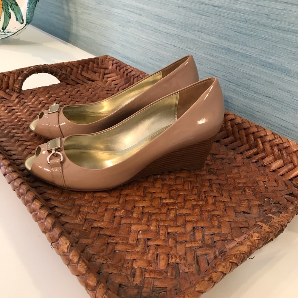 Coach Temple Patent Wedge Peep-Toe Shoes